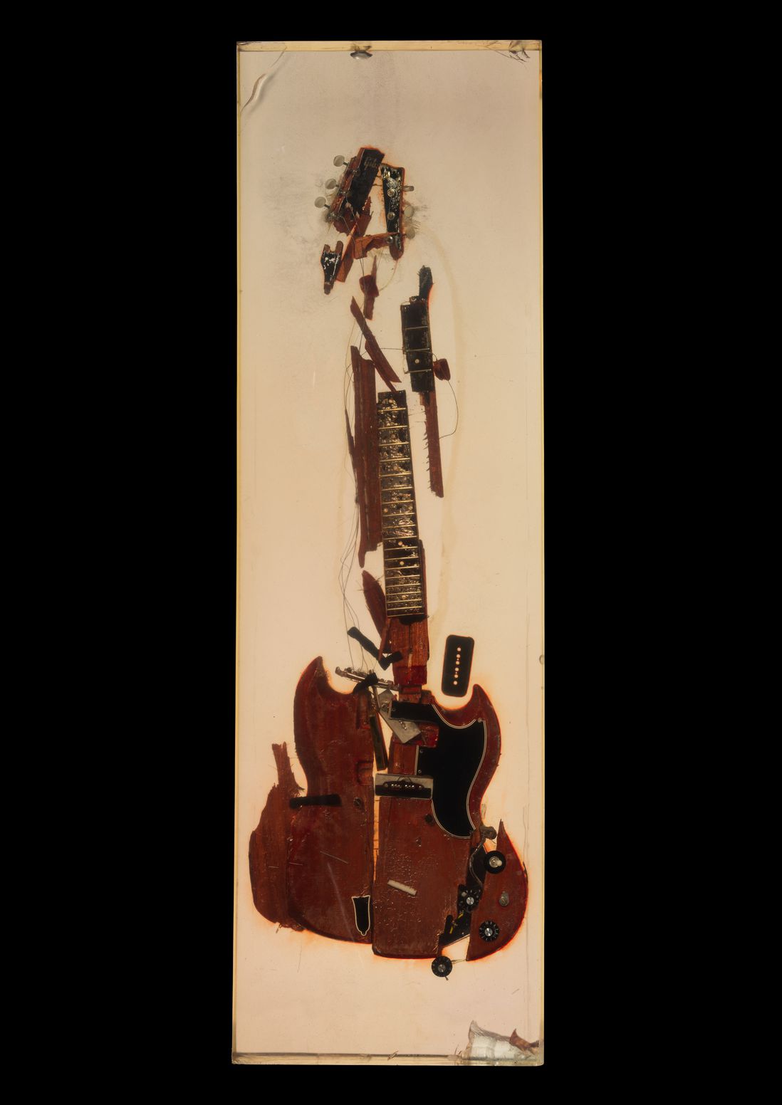Pete Townshend smashed this Gibson guitar in a photo shoot by Annie Liebovitz, titled “How to Launch Your Guitar in 17 Steps,” for Rolling Stone. This sculpture made from its remains has been on display in the Rolling Stone office building for decades.